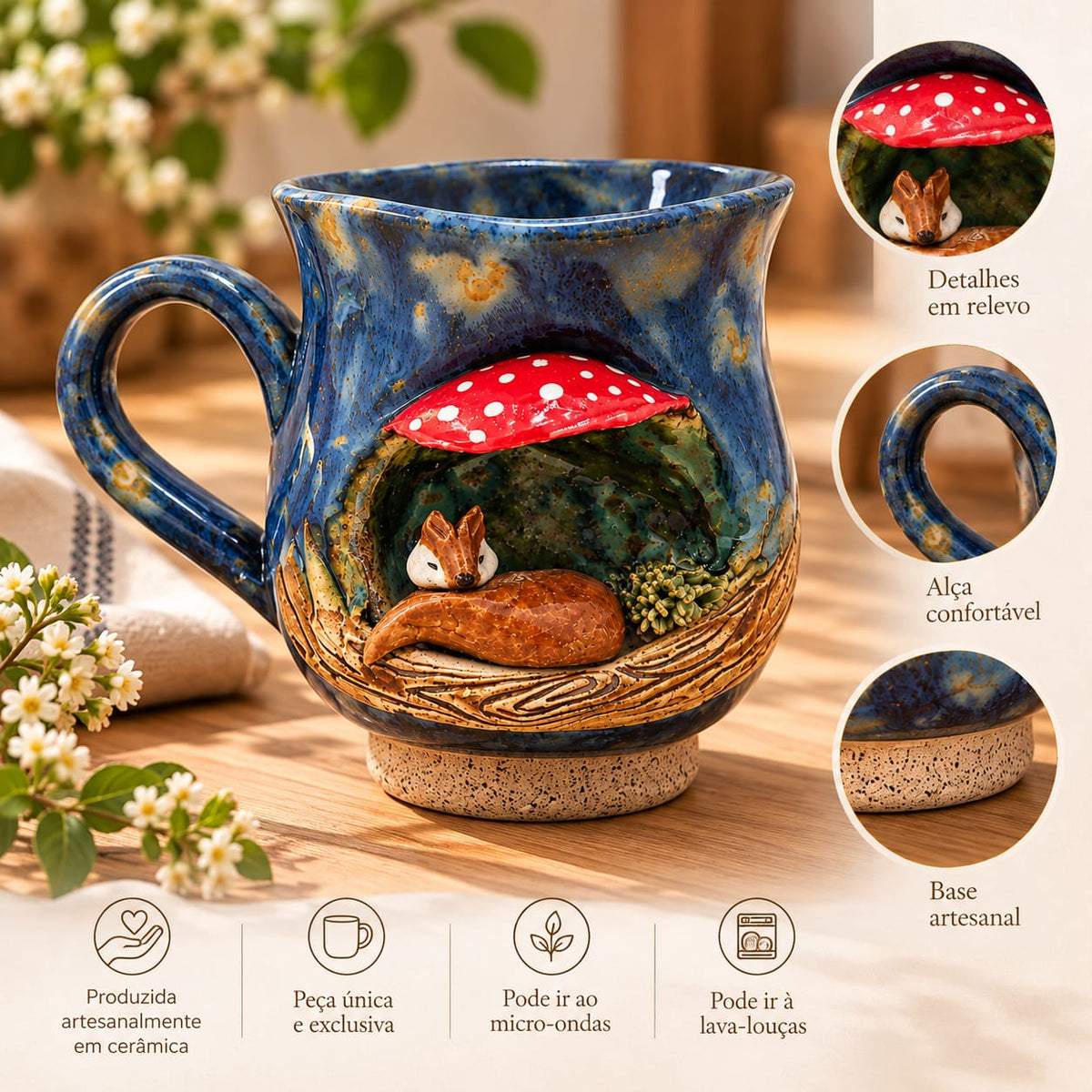 CANECA RAPOSA GUARDIÃ EM CERÂMICA COGUMELO AZUL - 260 ML